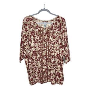 Liz & Me Catherines Top Womens 1X Red Floral Peasant Boho Cotton‎ 3/4 Sleeves